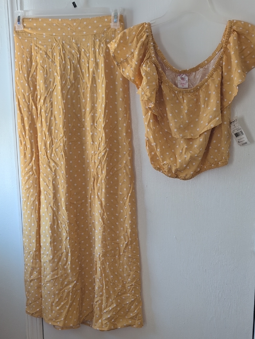 Polka Dot Mustard Yellow Maxi Dress Set with Ruffled Top